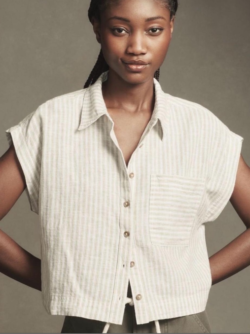 Anthropologie White & Blue Striped Linen Blouse